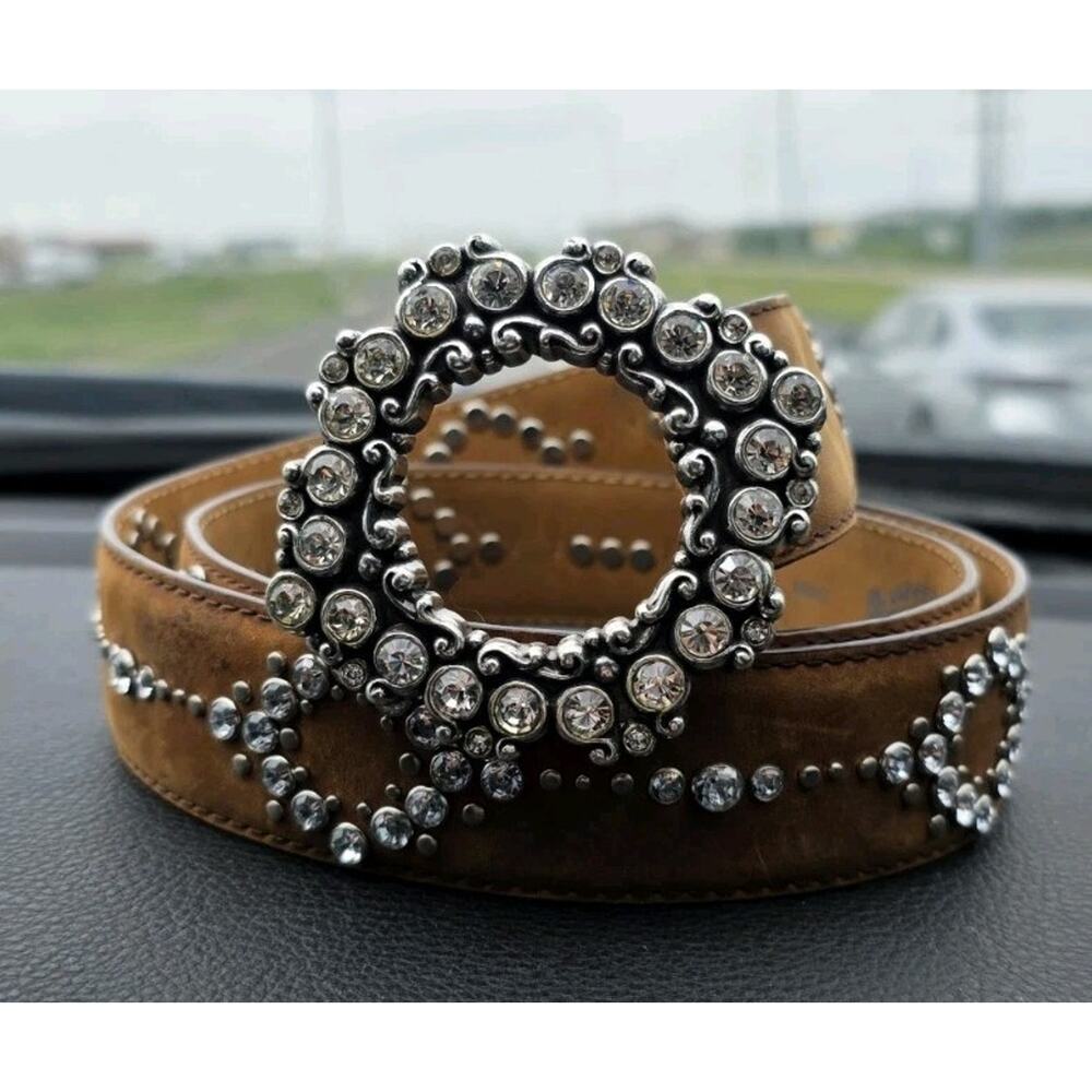 Justin Circle Light Jewel Bling Brown Leather & Crystal Women Belt SZ 38 Western
